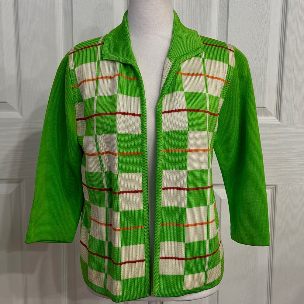 Vintage 70s Style LimeGreen Checkerboard Knit S Cardigan Open Front Retro Plaid‎